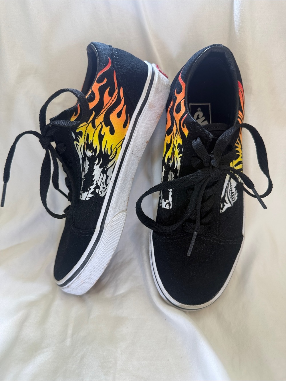 Vans Kids Black lace Sneakers with Yellow-Orange Tiger Flame Design